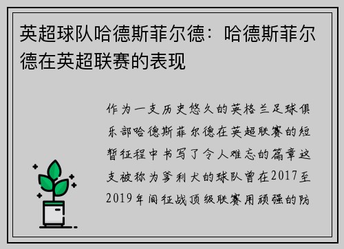 英超球队哈德斯菲尔德：哈德斯菲尔德在英超联赛的表现